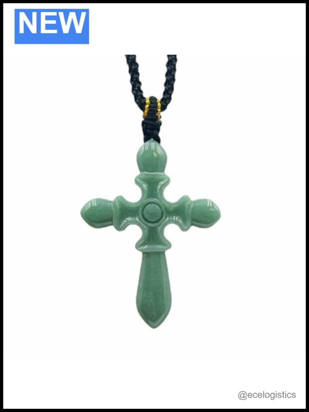 Hand-Carved Natural Jade Cross Pendant Necklace Adjustable Rope Amulet